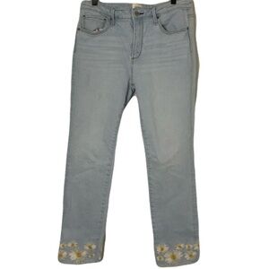 DRIFTWOOD Size 12 Light Blue Distressed Colette Jeans with Daisy Embroidered Hem
